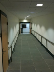 Shows the ramp once you exit the elevator. 