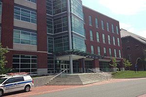 View of the Information Technology Building and the main stairs entrance. 